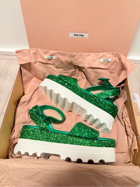 Miu Miu Shoes - Miu Miu Emerald Green Glitter Platform Sandals